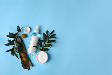 Photo of Flat lay composition with different cosmetic products and olives on light blue background. Space for text