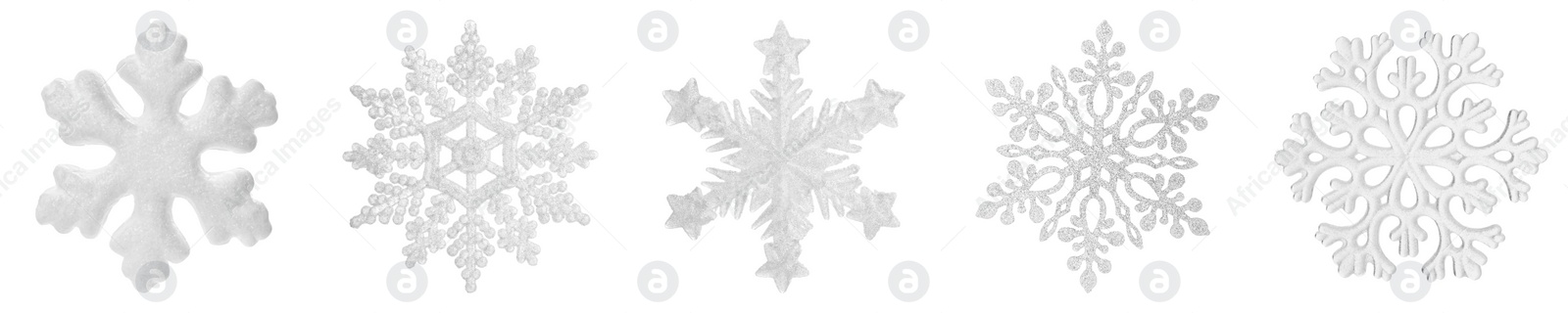 Image of Set of beautiful decorative snowflakes on white background. Banner design