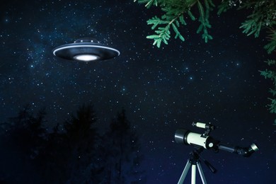 Image of UFO. Alien spaceship in starry sky at night. Extraterrestrial visitors