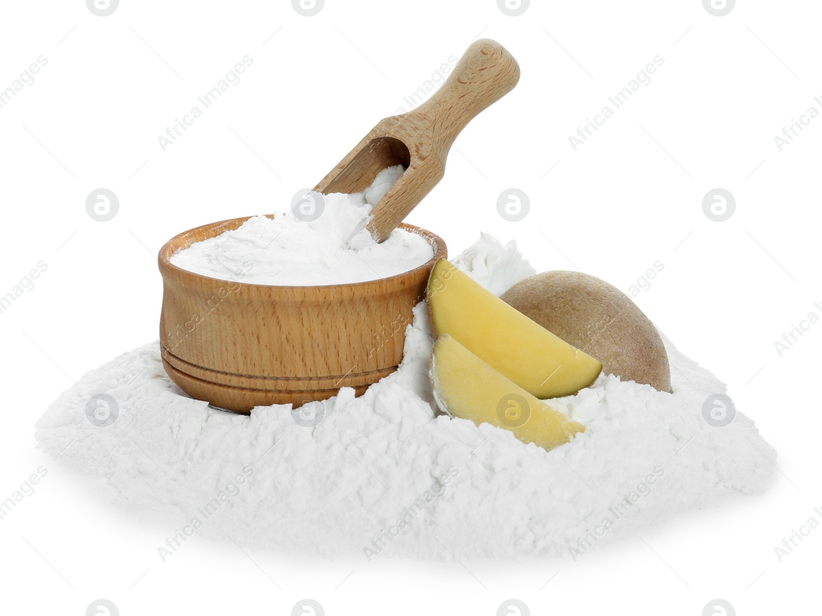 Photo of Pile of starch, wooden kitchenware and fresh raw potatoes on white background
