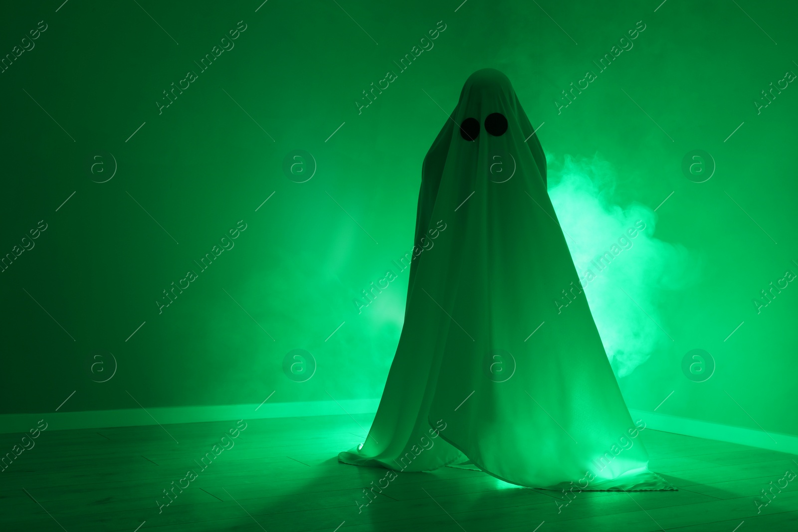 Photo of Creepy ghost. Woman covered with sheet in green light, space for text