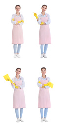 Image of Collage with photos of chambermaid on white background