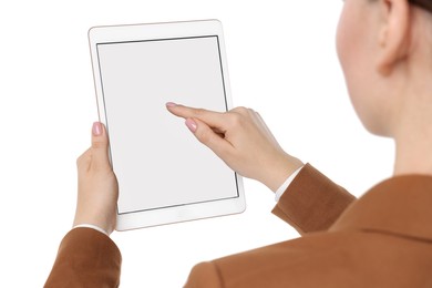 Photo of Woman using tablet with blank screen on white background, closeup. Mockup for design