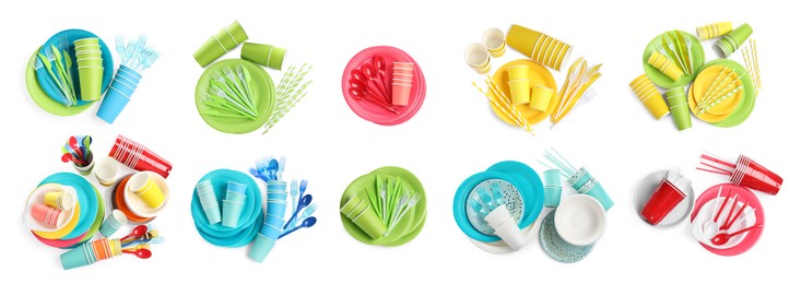 Image of Set with different disposable tableware on white background, top view. Banner design