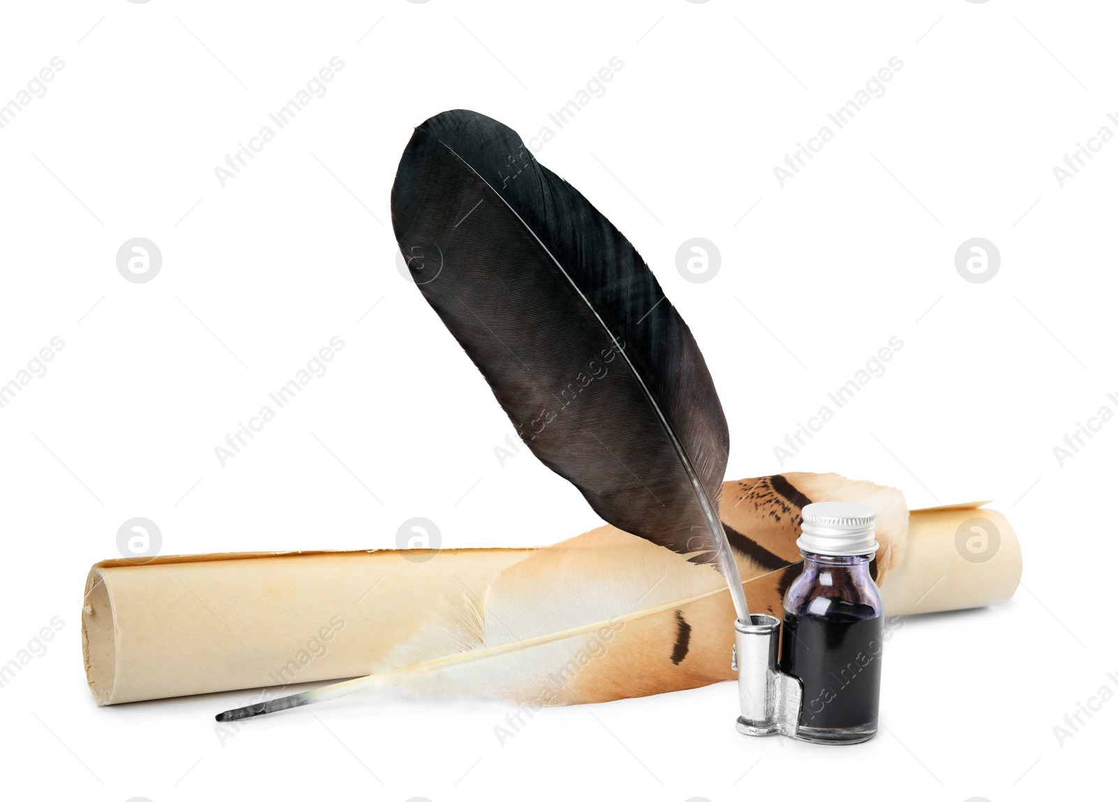 Photo of Feather pens, bottle of ink and parchment scroll on white background