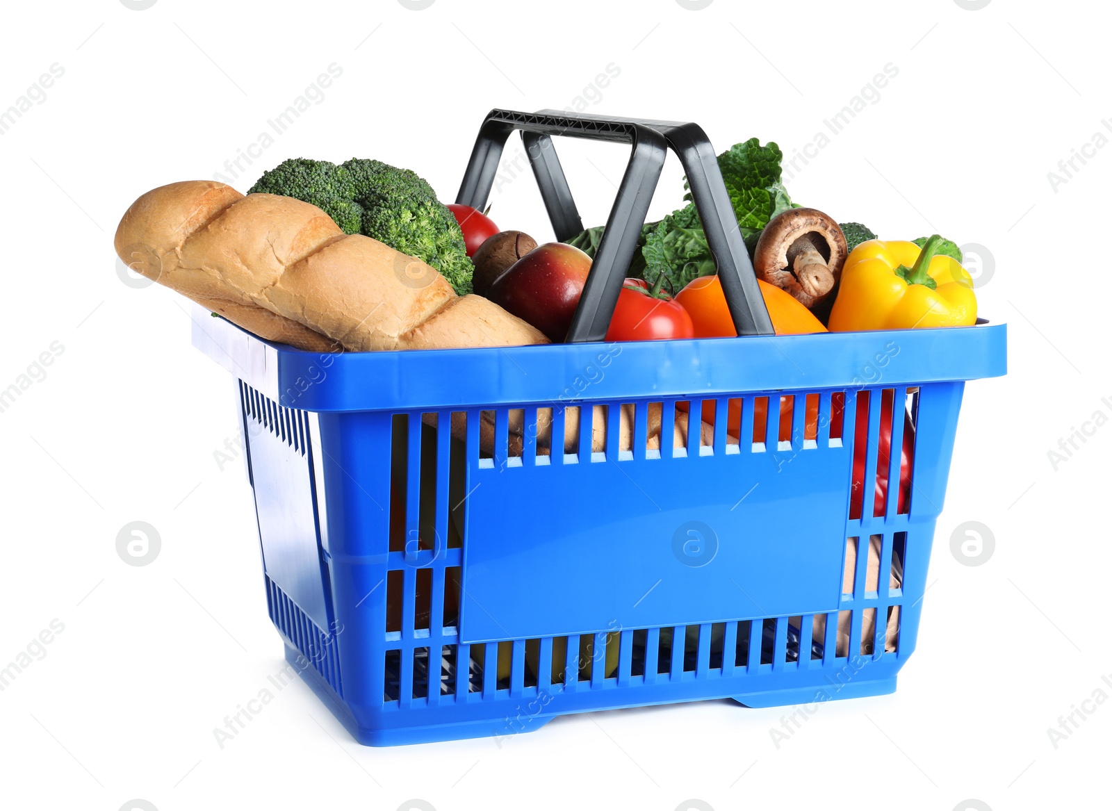 Photo of Shopping basket with grocery products on white background