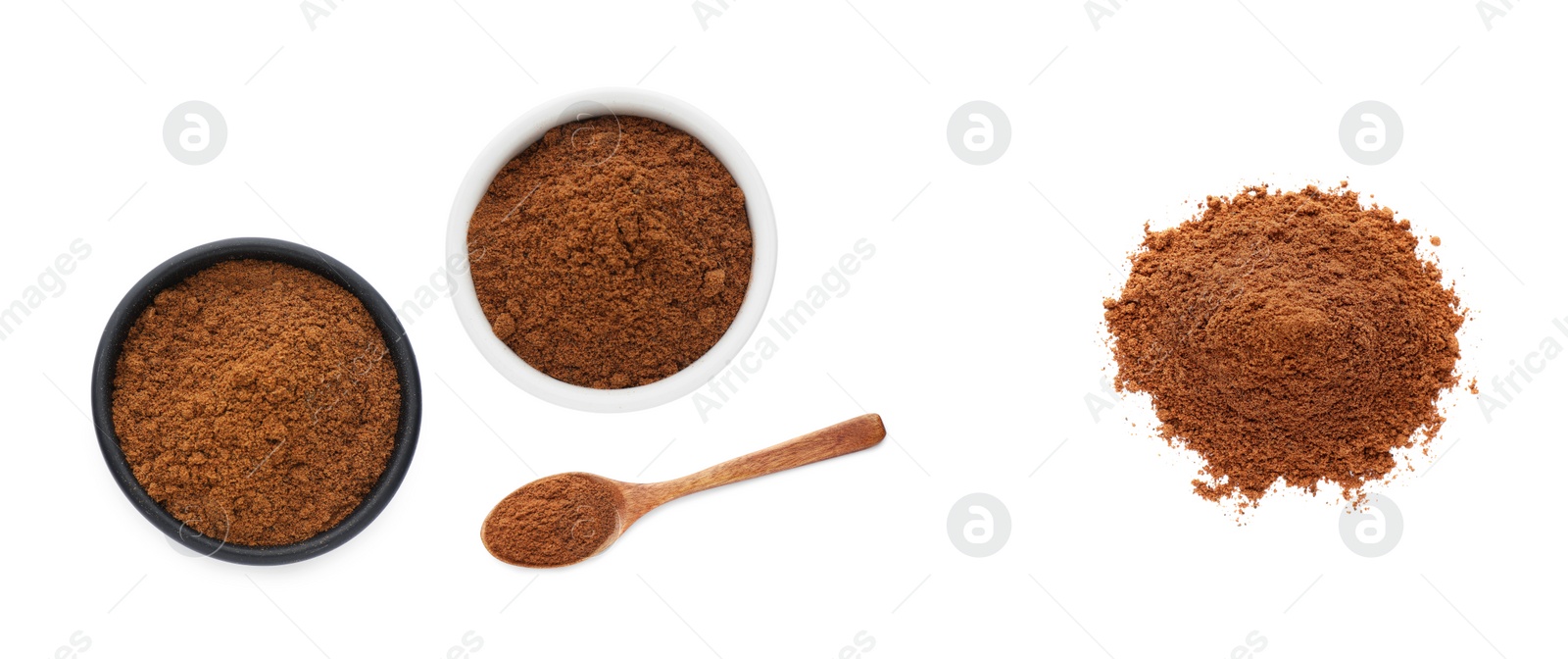 Image of Set with nutmeg powder on white background, top view. Banner design