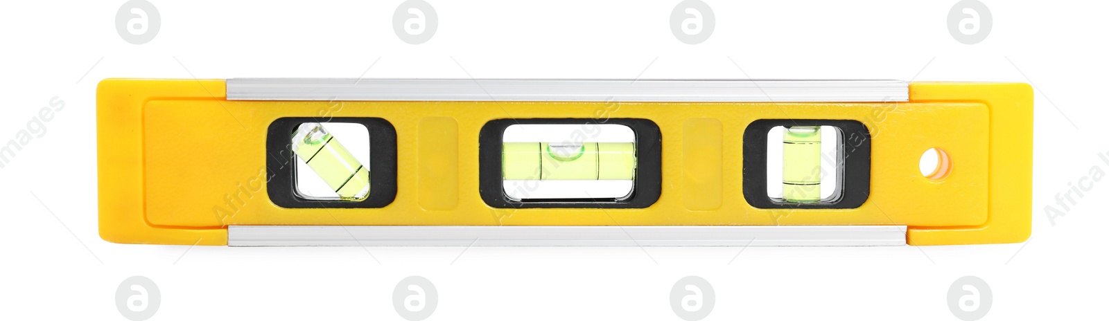 Photo of Yellow building level isolated on white. Construction tool