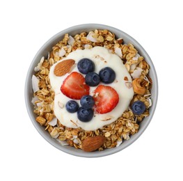 Tasty granola, yogurt and fresh berries in bowl on white background, top view. Healthy breakfast