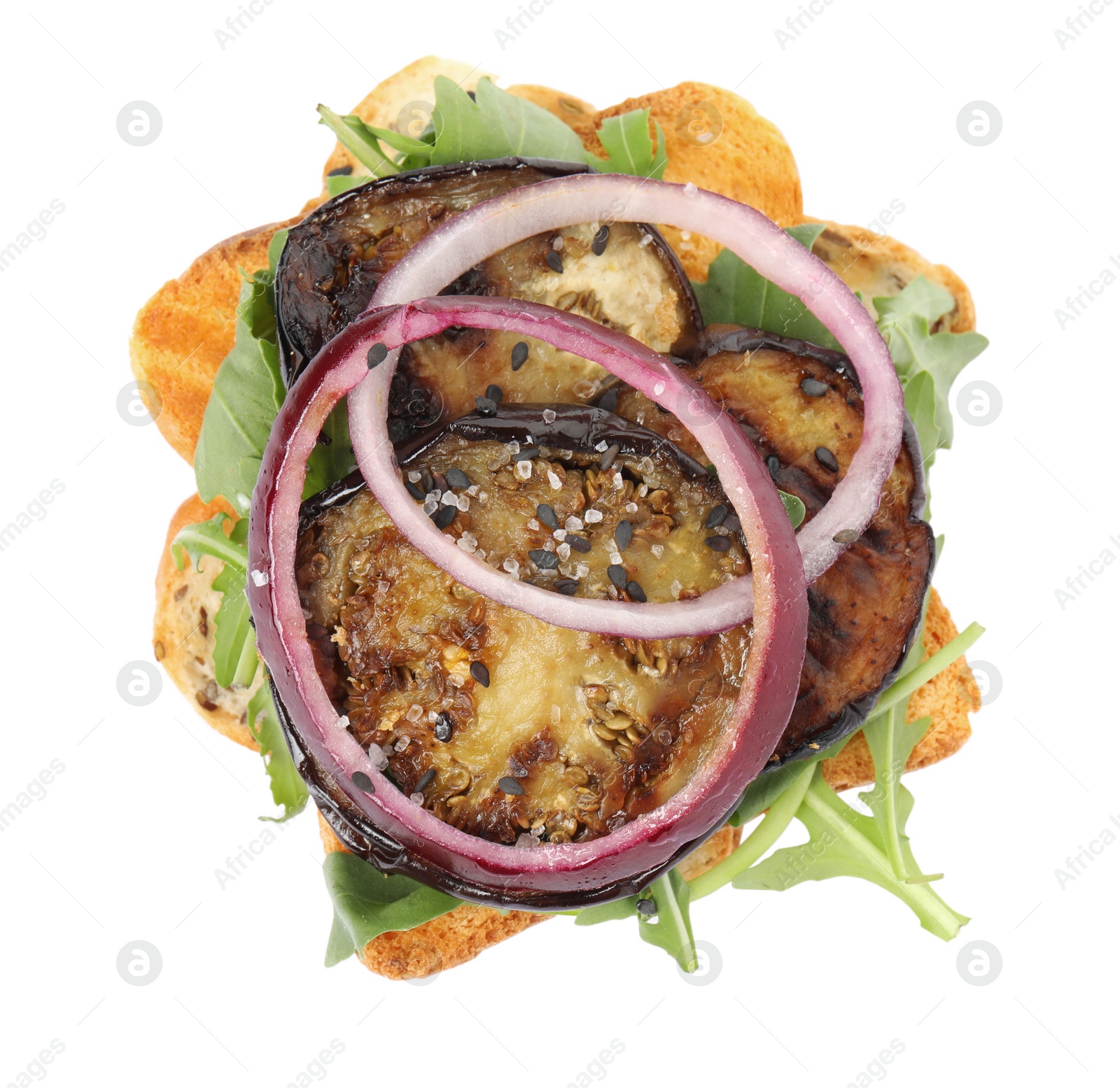 Photo of Delicious fresh eggplant sandwich isolated on white, top view