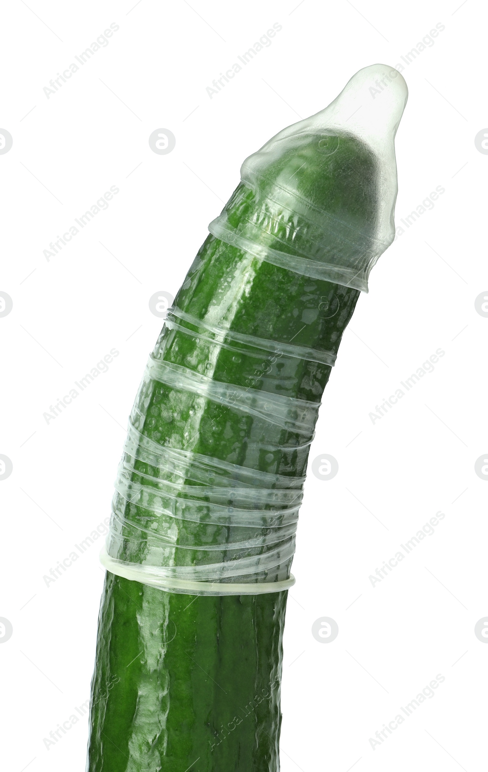 Photo of Cucumber with condom isolated on white. Safe sex concept