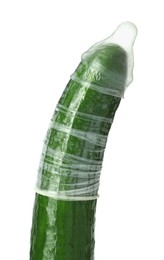 Photo of Cucumber with condom isolated on white. Safe sex concept