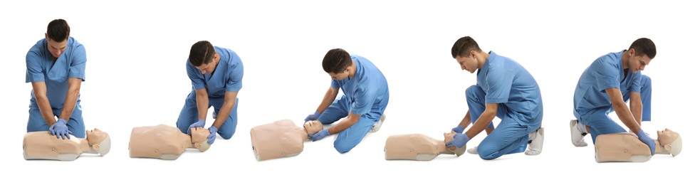 Image of Doctor practicing first aid on mannequin against white background, collage. Banner design