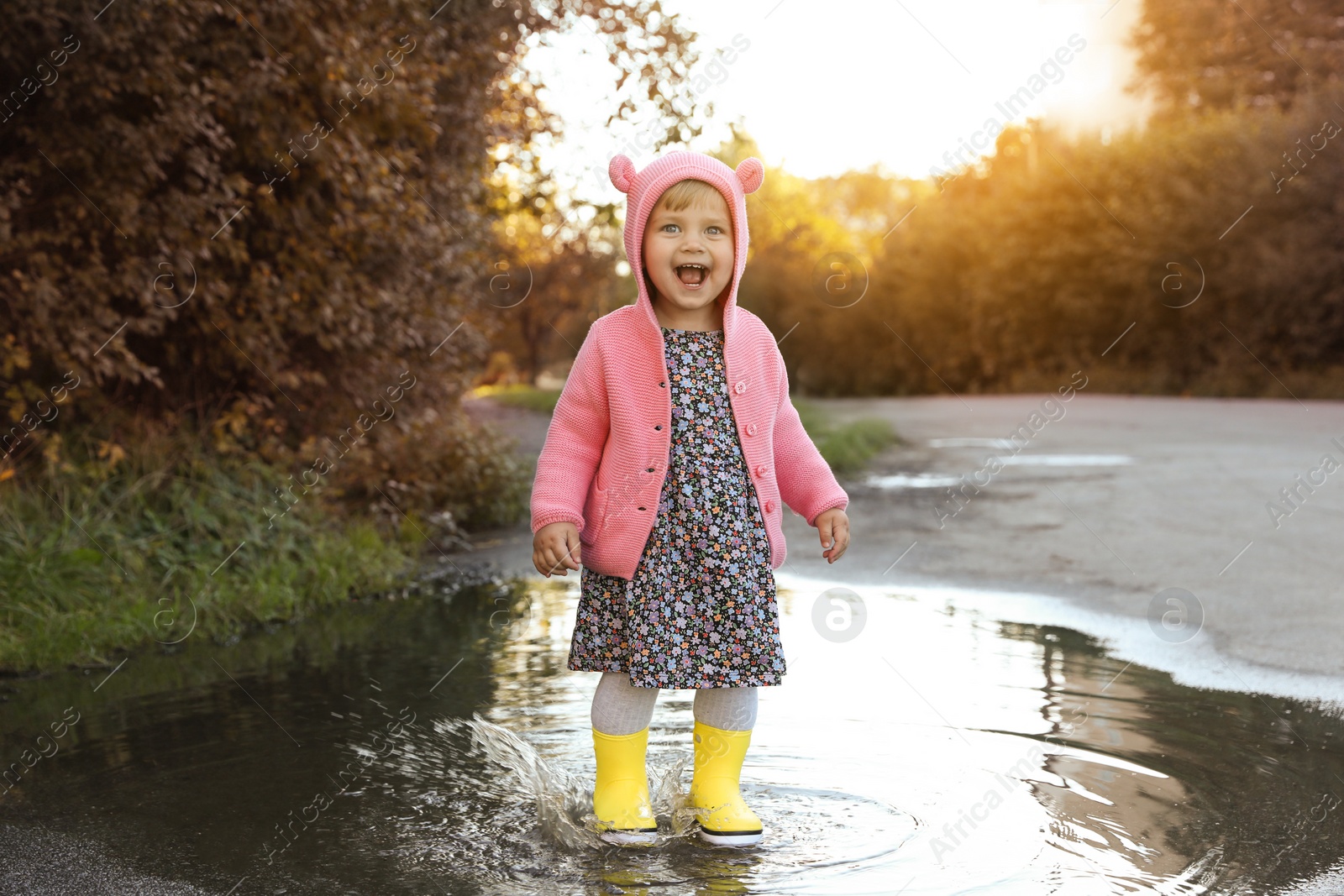 Photo of Little girl wearing rubber boots walking in puddle outdoors