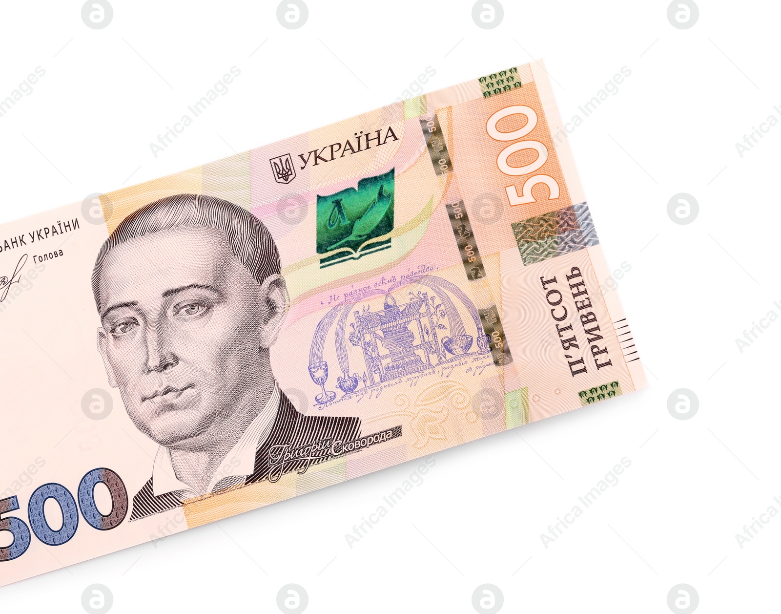 Photo of 500 Ukrainian Hryvnia banknote on white background, top view