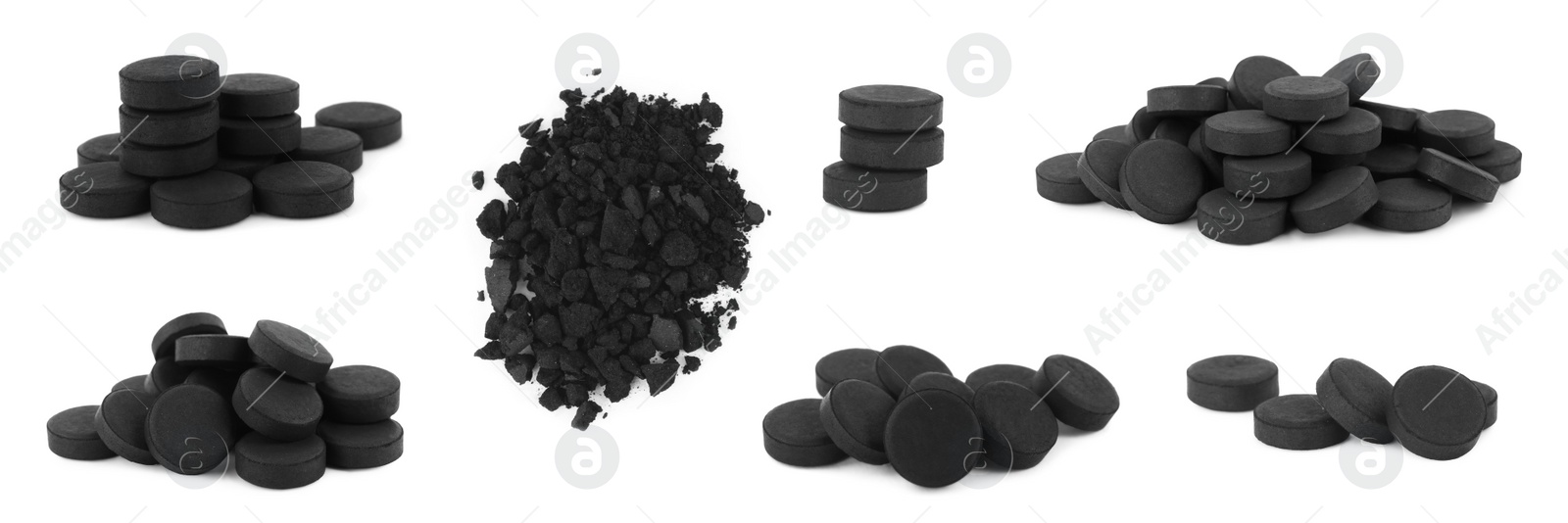 Image of Set with activated charcoal pills on white background, banner design. Potent sorbent