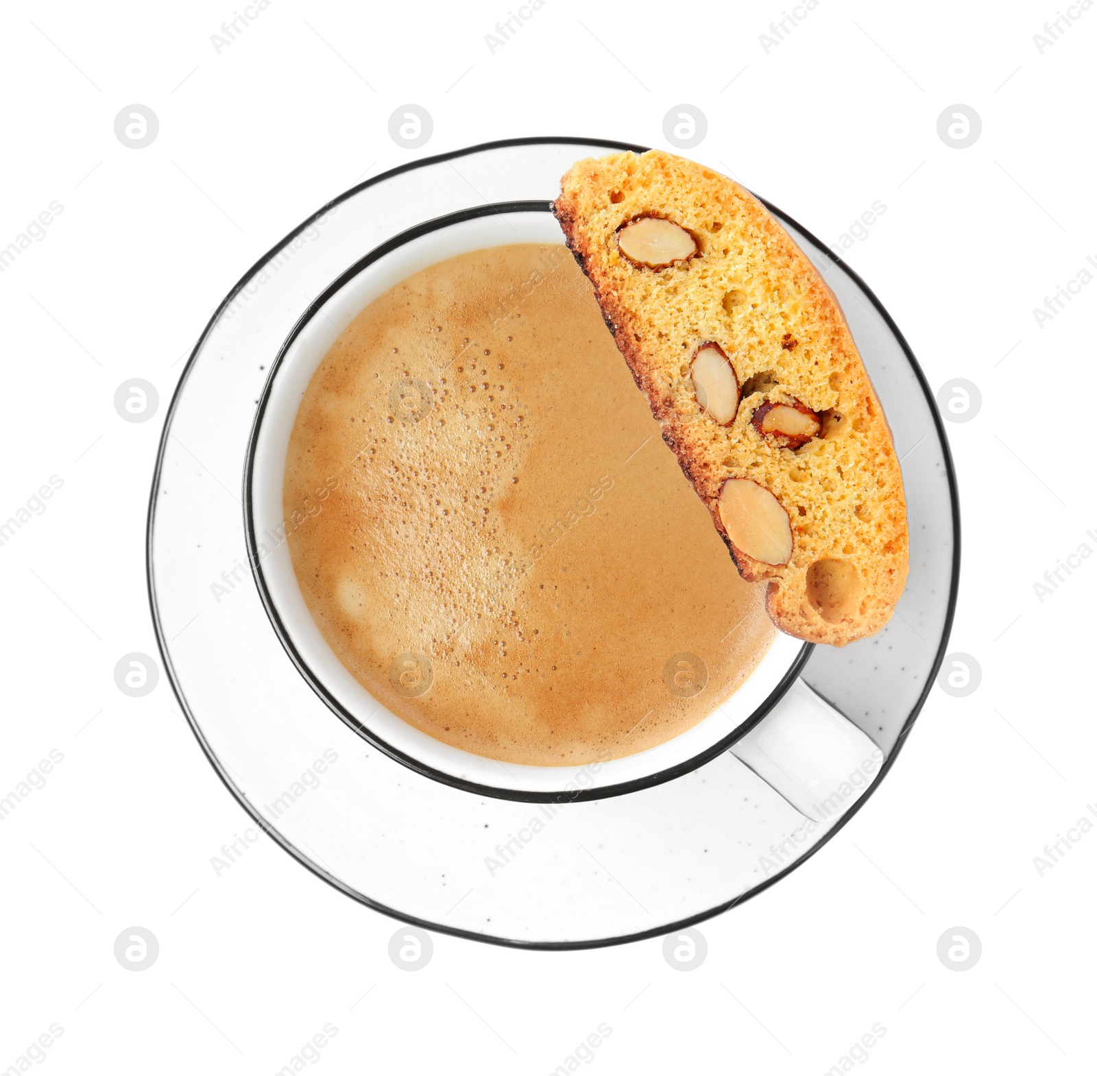 Photo of Tasty cantucci and cup of aromatic coffee on white background, top view. Traditional Italian almond biscuits