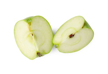 Photo of Pieces of ripe green apple isolated on white, top view