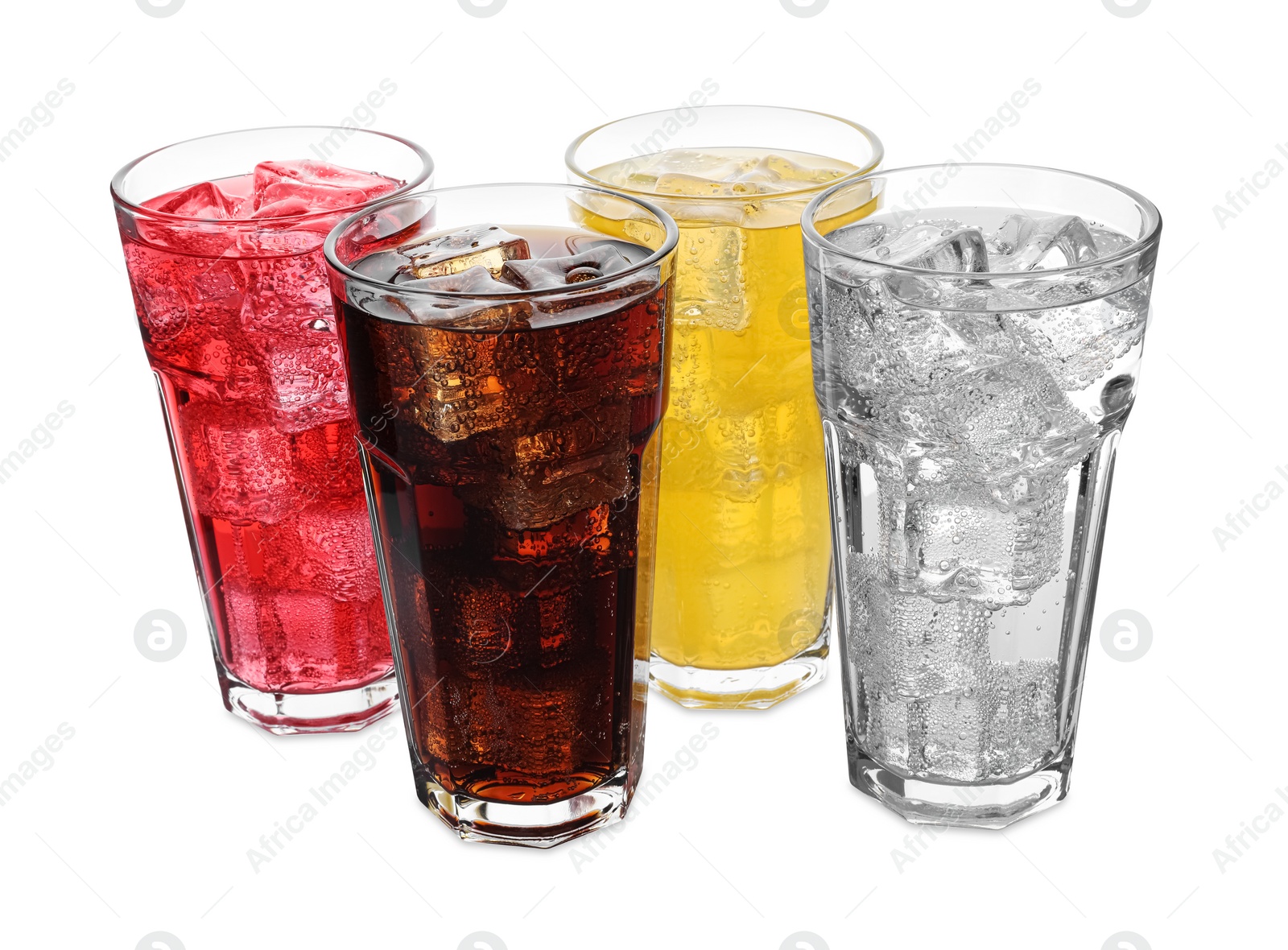 Photo of Glasses of different refreshing soda water with ice cubes isolated on white