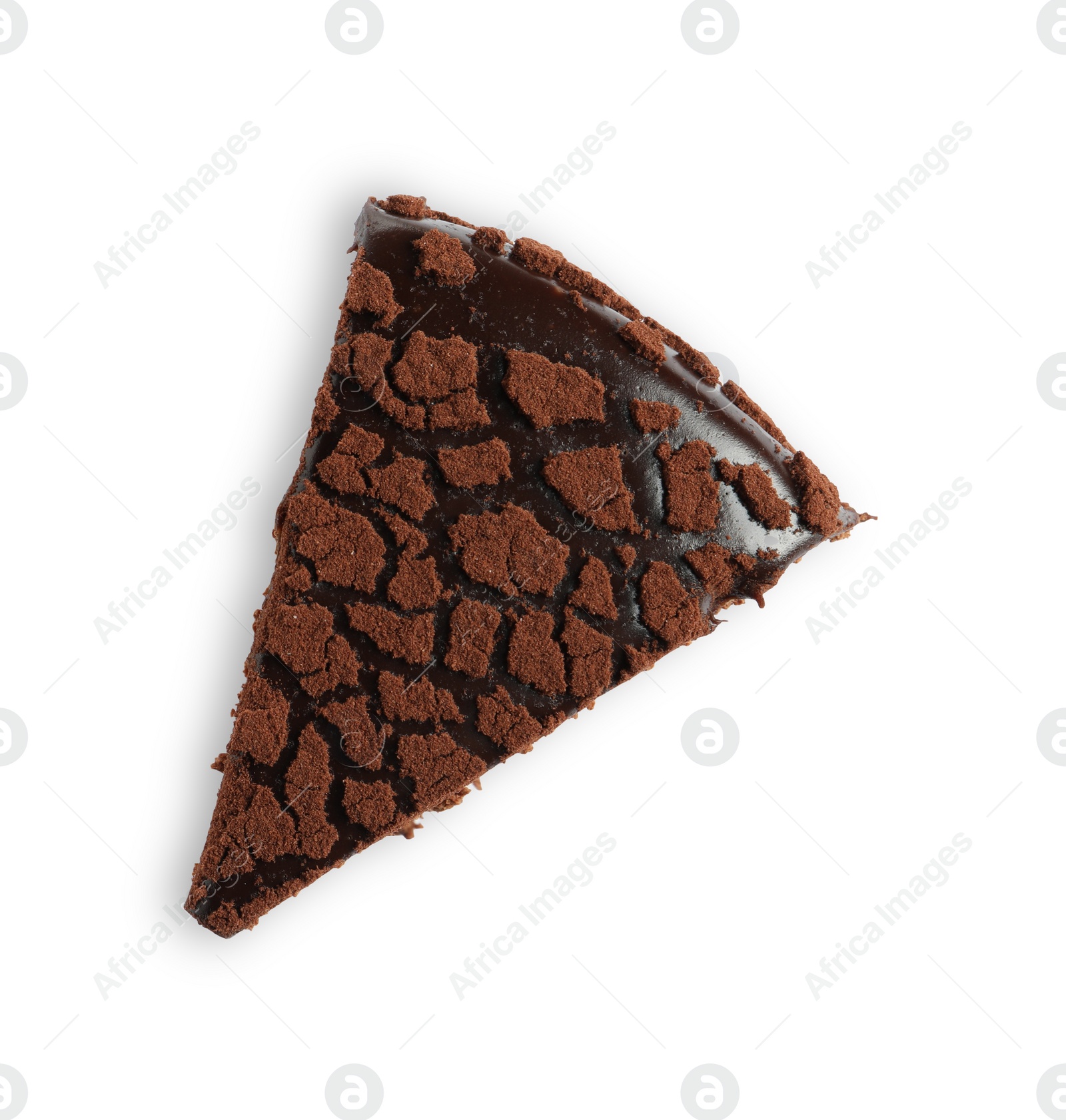 Photo of Piece of delicious chocolate truffle cake isolated on white, top view