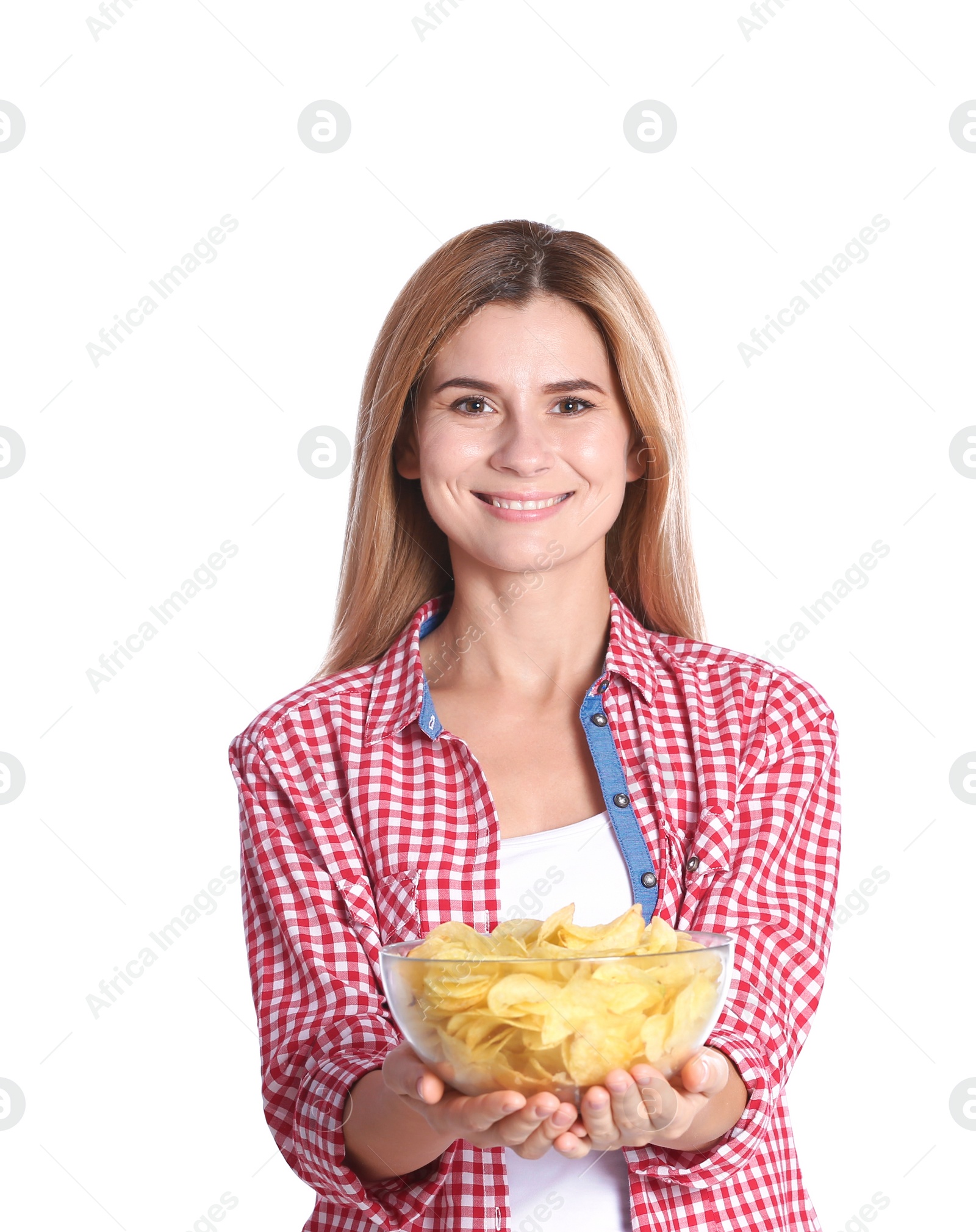 Photo of Woman with bowl of potato chips on white background