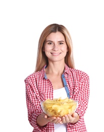 Woman with bowl of potato chips on white background