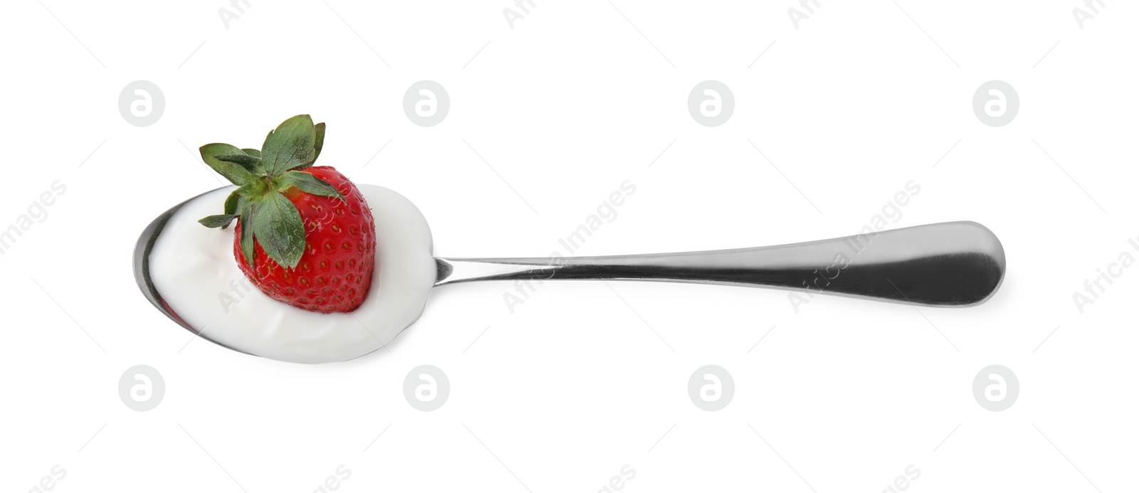 Photo of Spoon with yogurt and strawberry isolated on white, top view