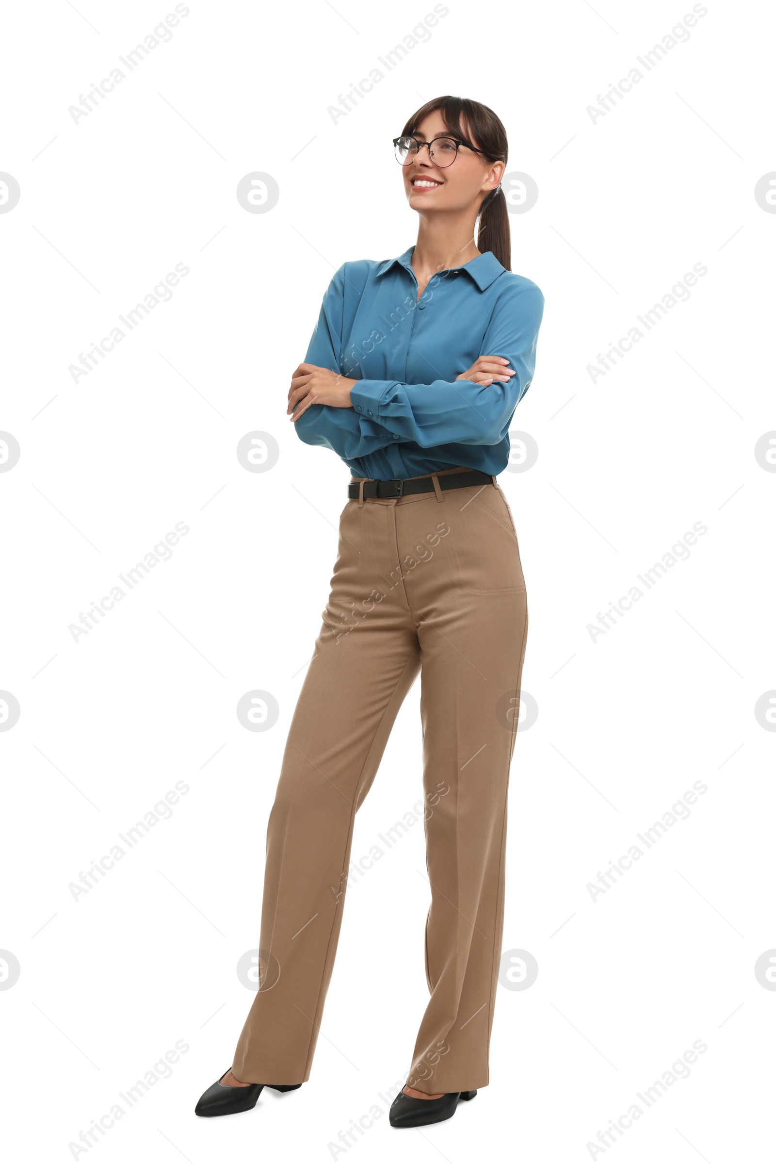 Photo of Full length portrait of happy secretary on white background