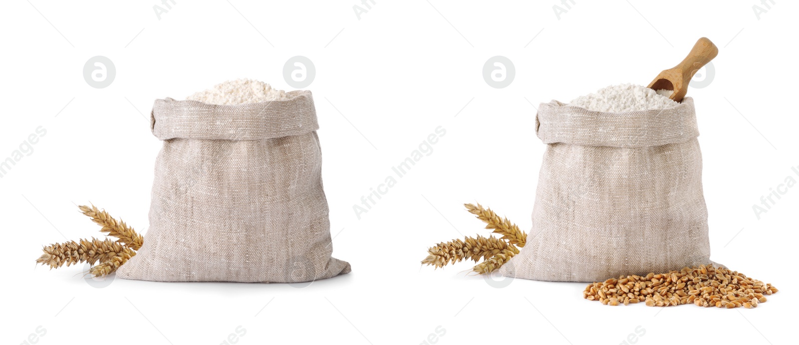 Image of Bags with wheat flour on white background, collage. Banner design