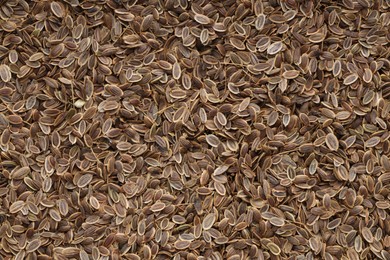 Photo of Many dry dill seeds as background, top view