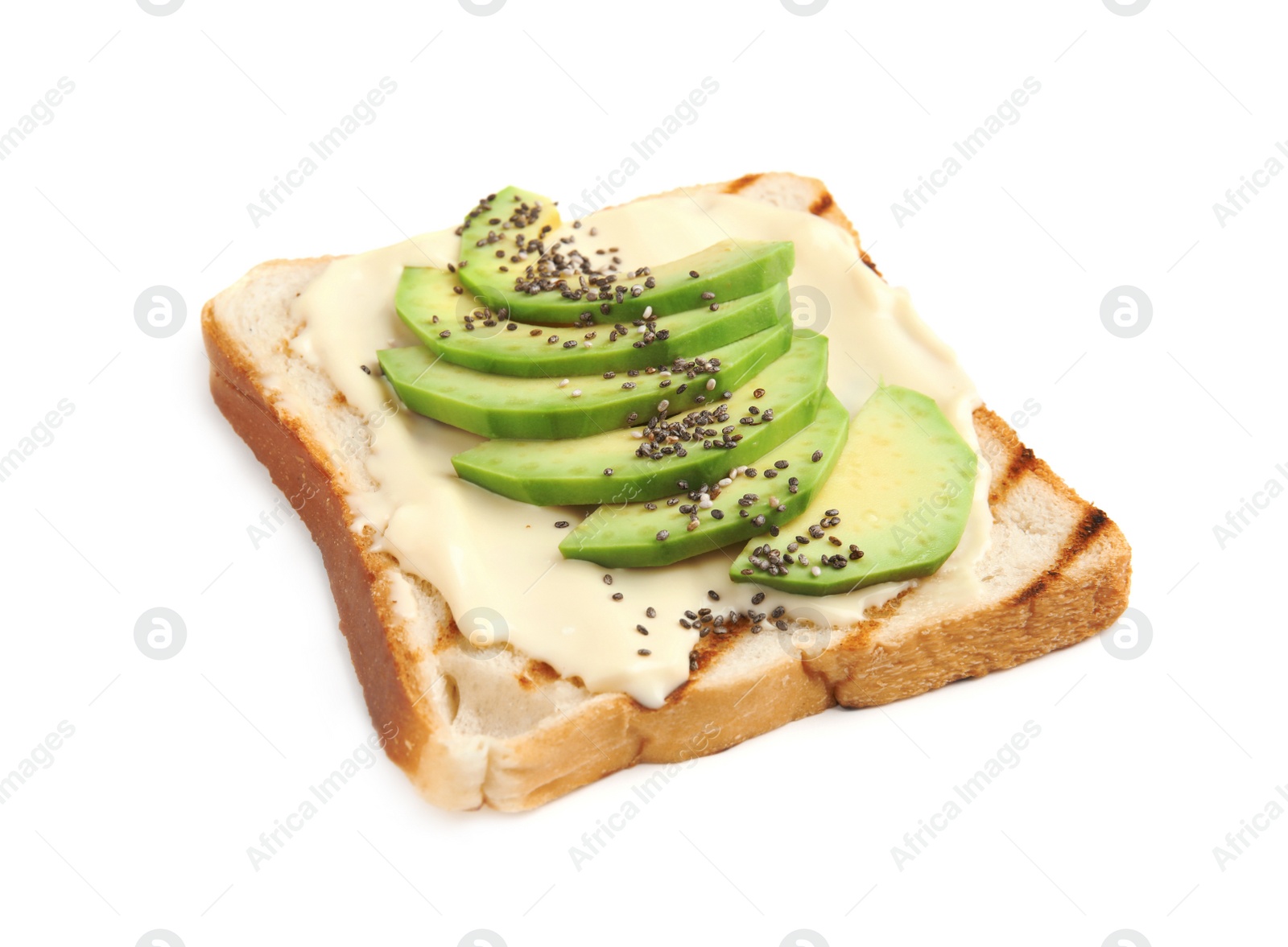 Photo of Slice of bread with spread and avocado on white background