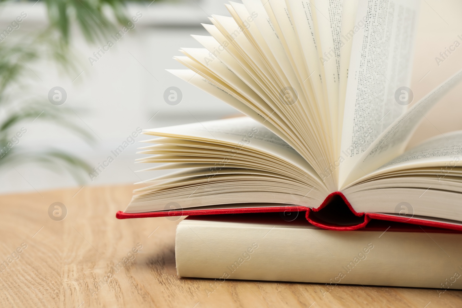 Photo of Different hardcover books on wooden table indoors, closeup. Space for text