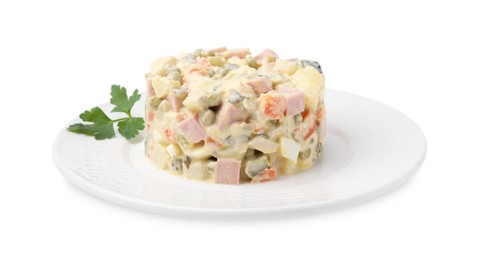 Photo of Tasty Olivier salad with boiled sausage isolated on white