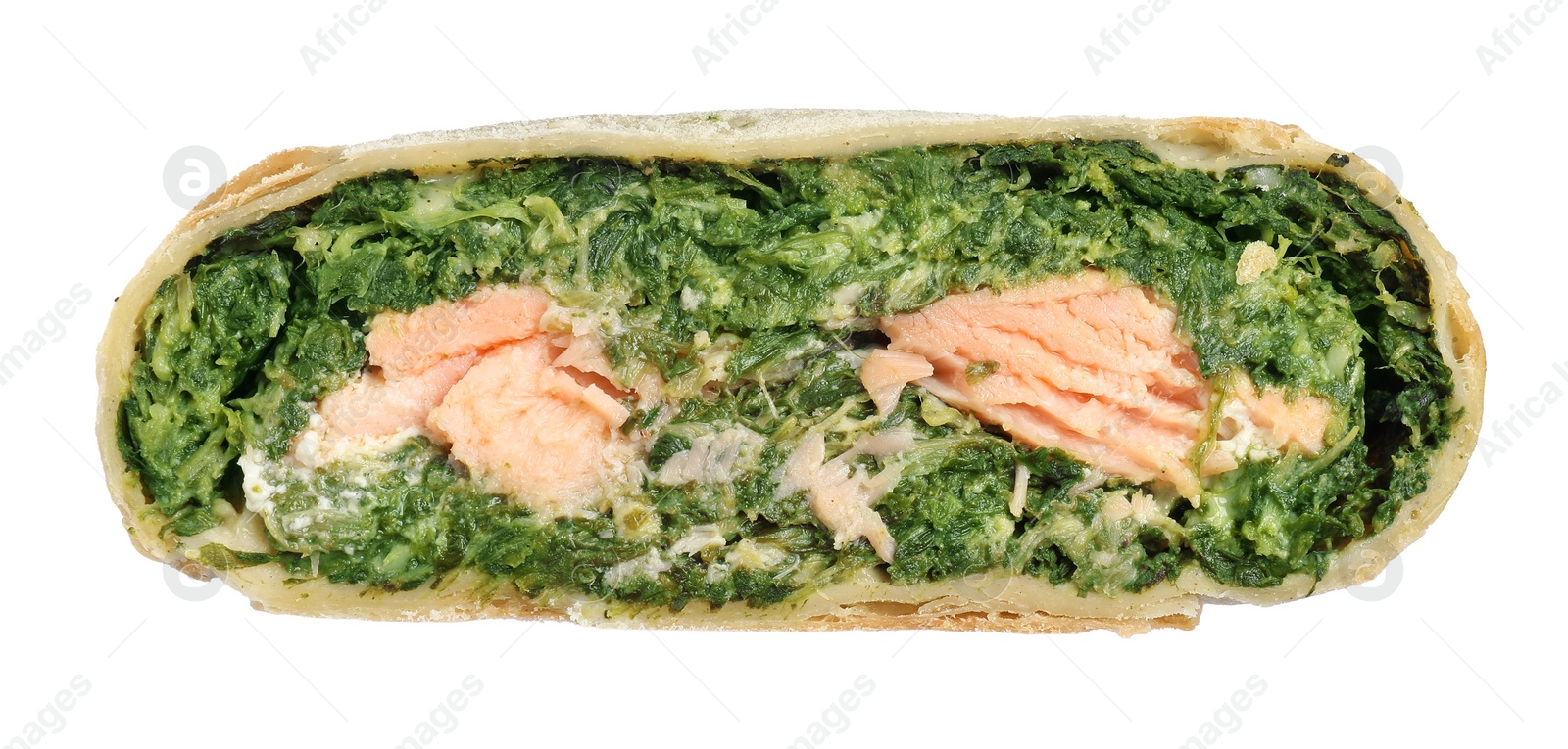 Photo of Piece of tasty strudel with salmon and spinach isolated on white, top view