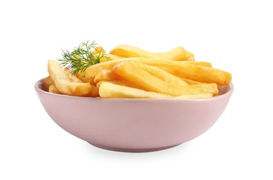 Photo of Bowl of delicious french fries on white background