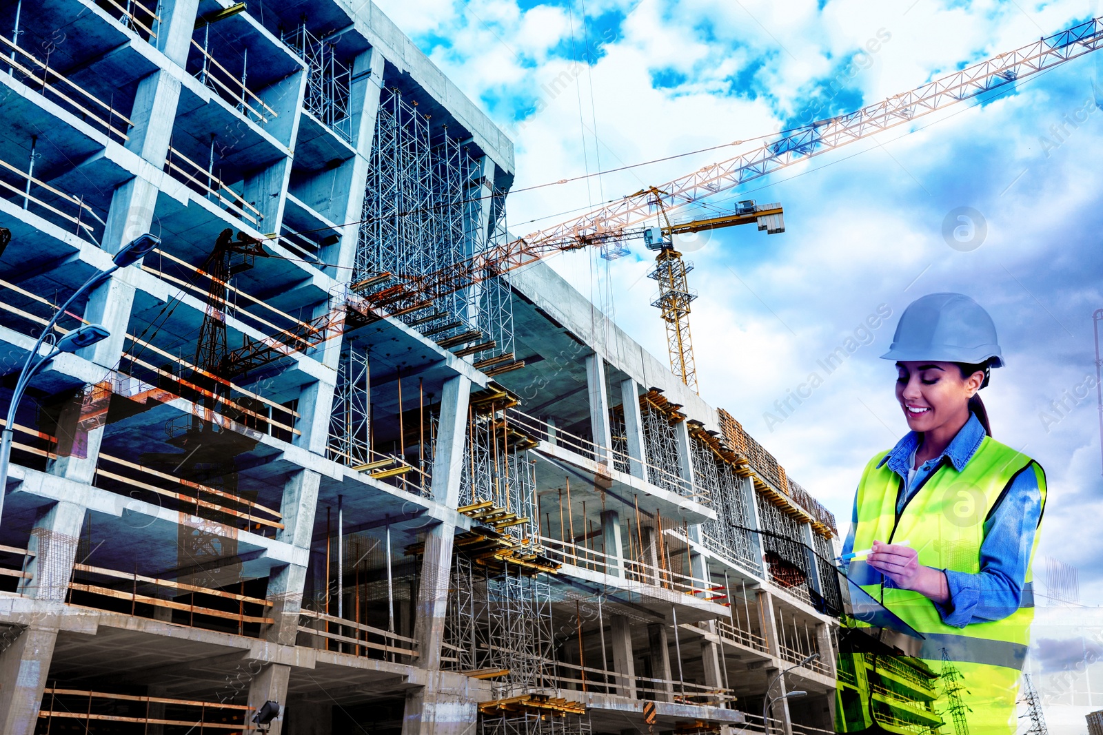 Image of Double exposure of professional engineer in safety equipment and construction site