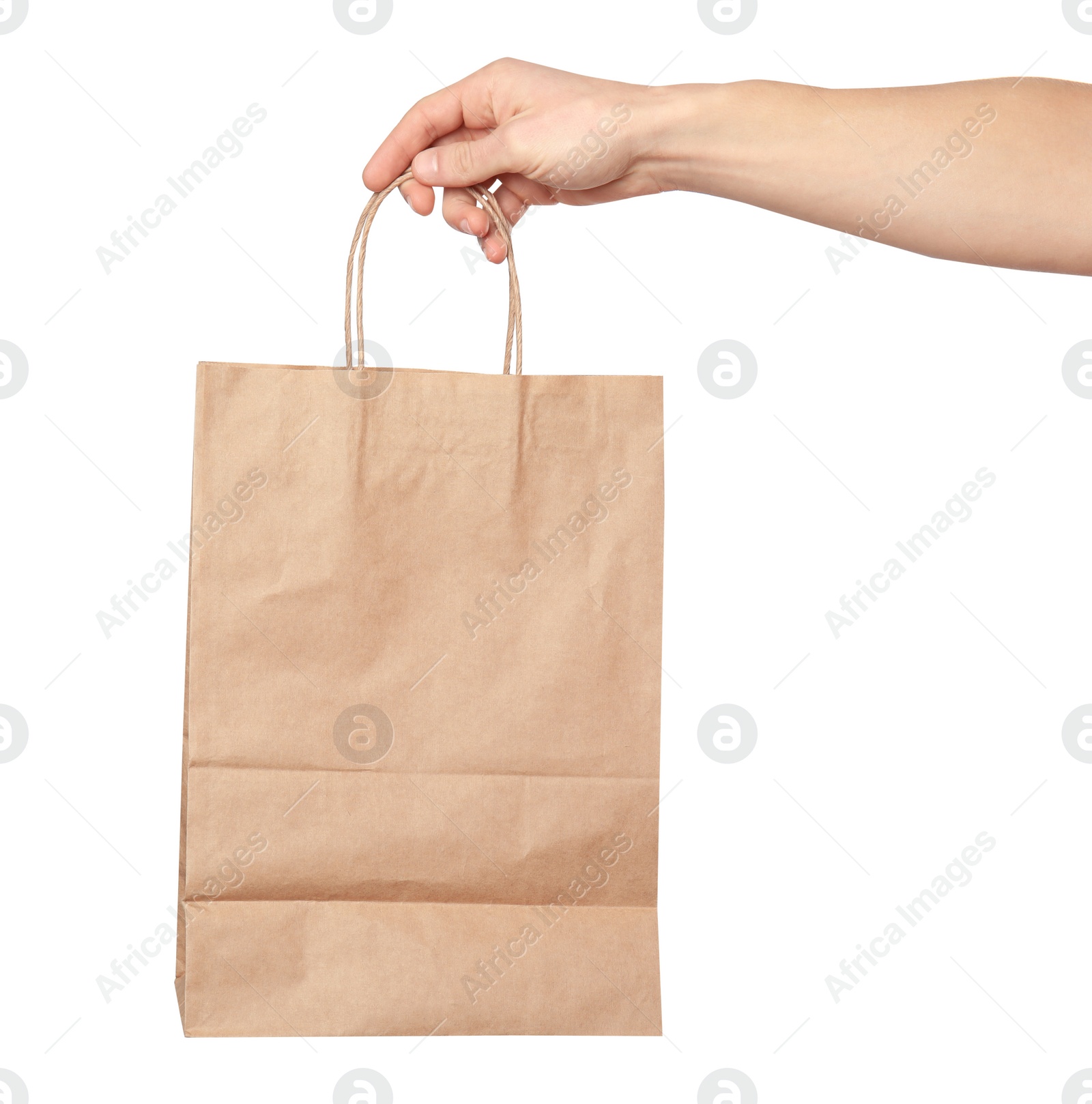 Photo of Man holding paper bag on white background. Food delivery service