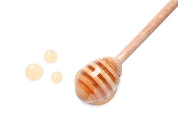 Photo of Tasty natural honey and dipper on white background, top view