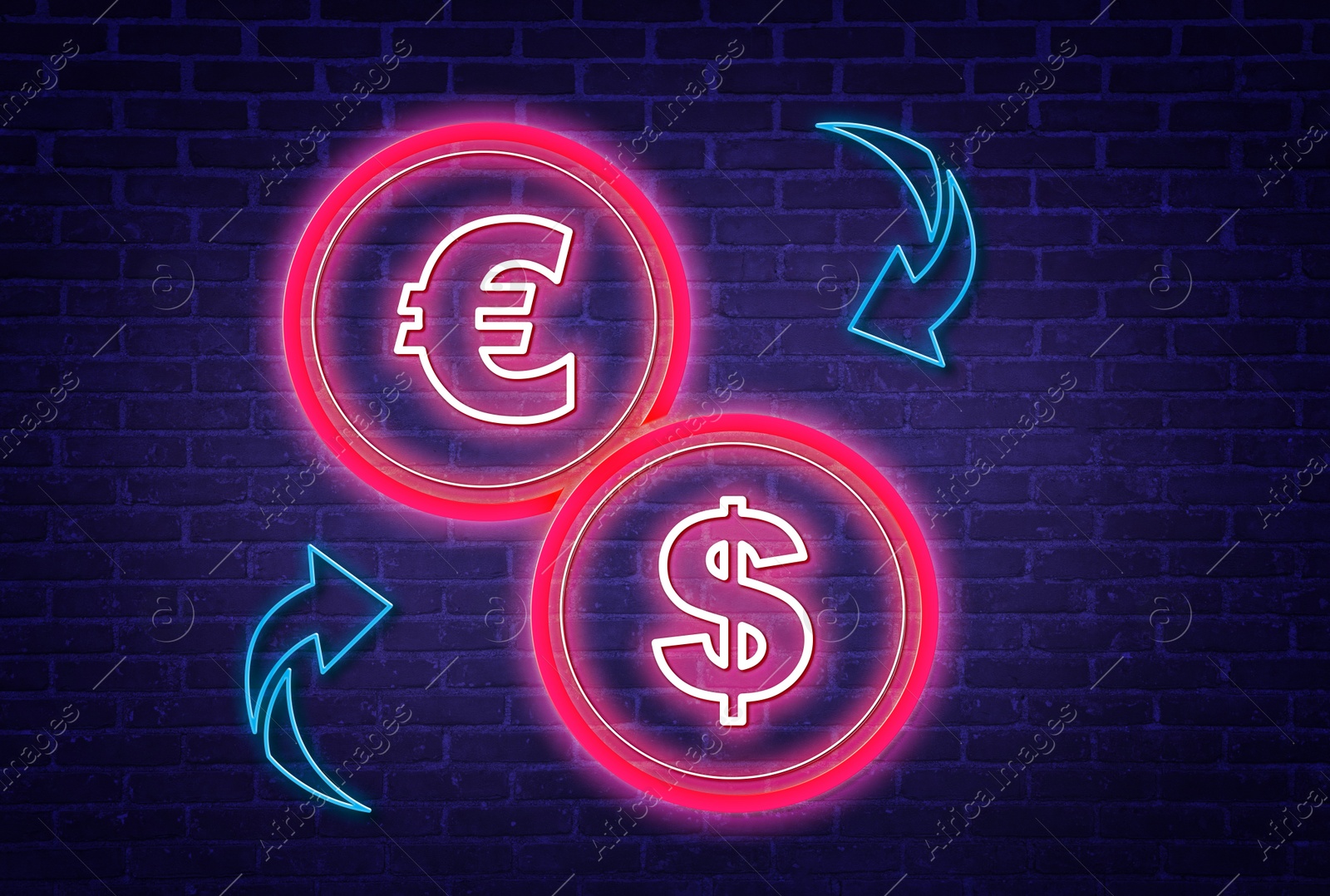 Image of Money exchange neon sign. Light blue arrows, red euro and dollar symbols on brick wall