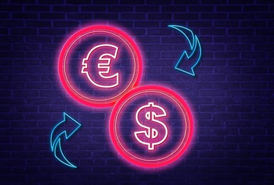 Money exchange neon sign. Light blue arrows, red euro and dollar symbols on brick wall