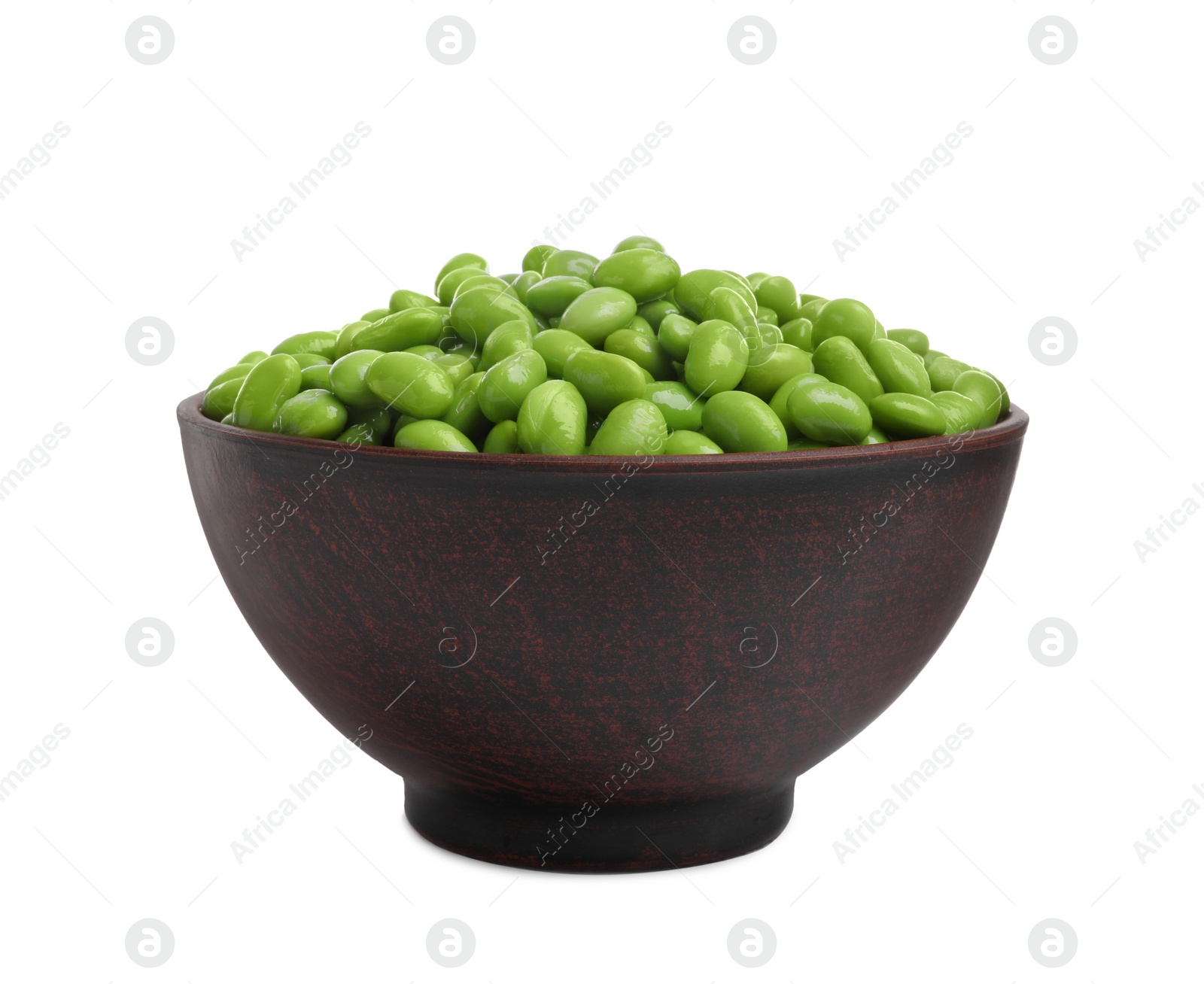 Photo of Bowl with fresh edamame soybeans on white background