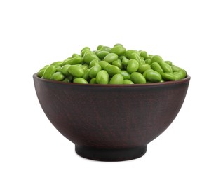 Bowl with fresh edamame soybeans on white background