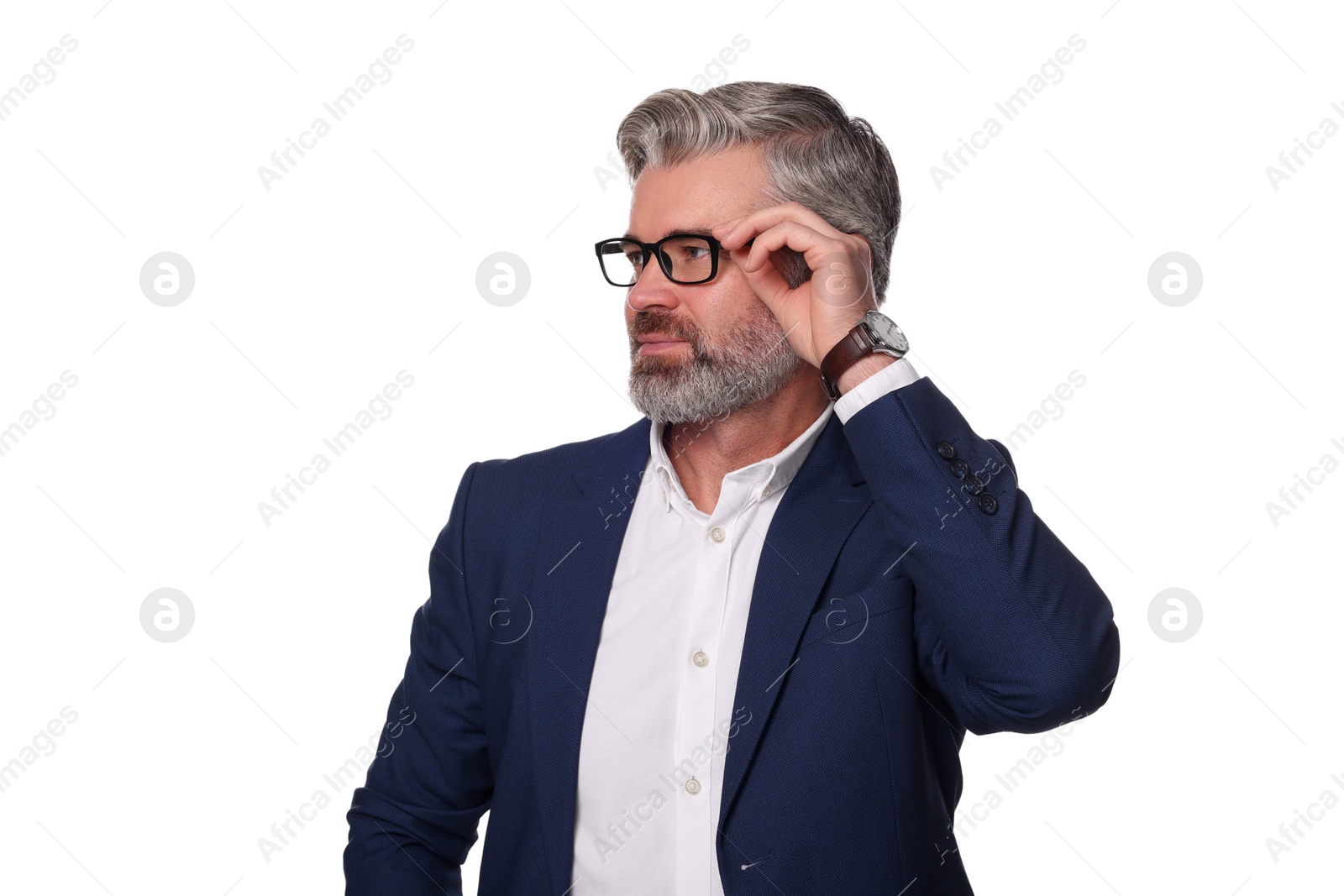 Photo of Portrait of serious man in glasses on white background. Lawyer, businessman, accountant or manager