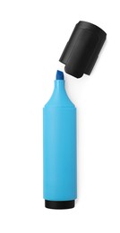 Photo of Bright blue marker isolated on white, top view