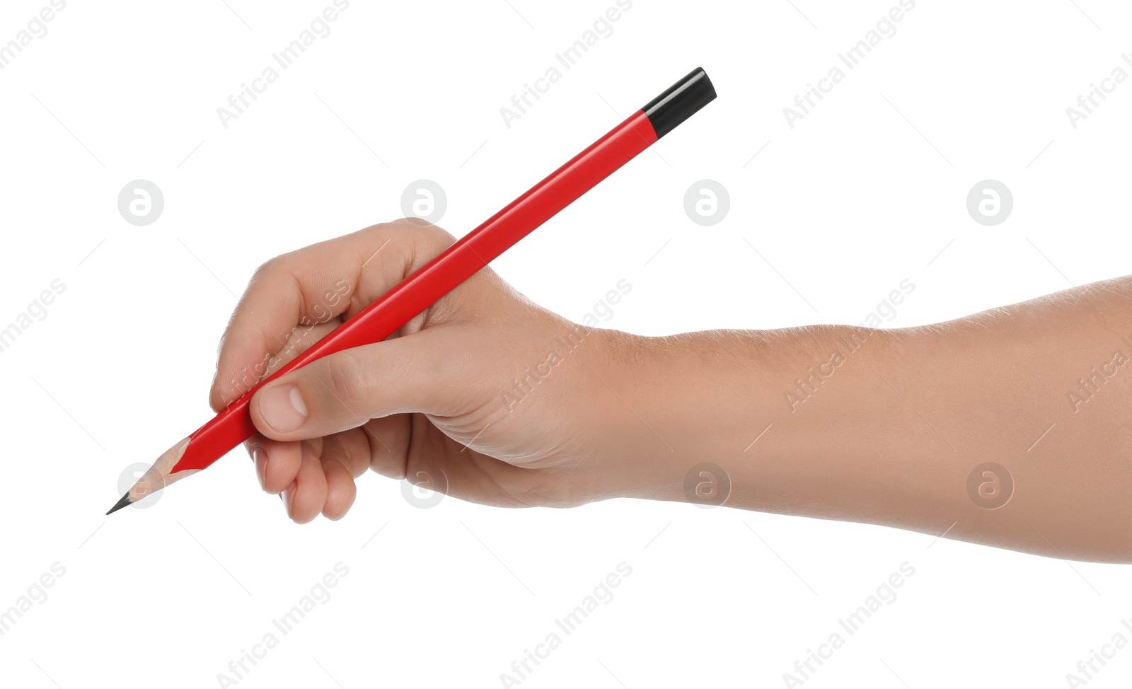 Photo of Man holding ordinary pencil on white background, closeup