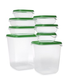 Photo of Set of empty plastic containers for food on white background