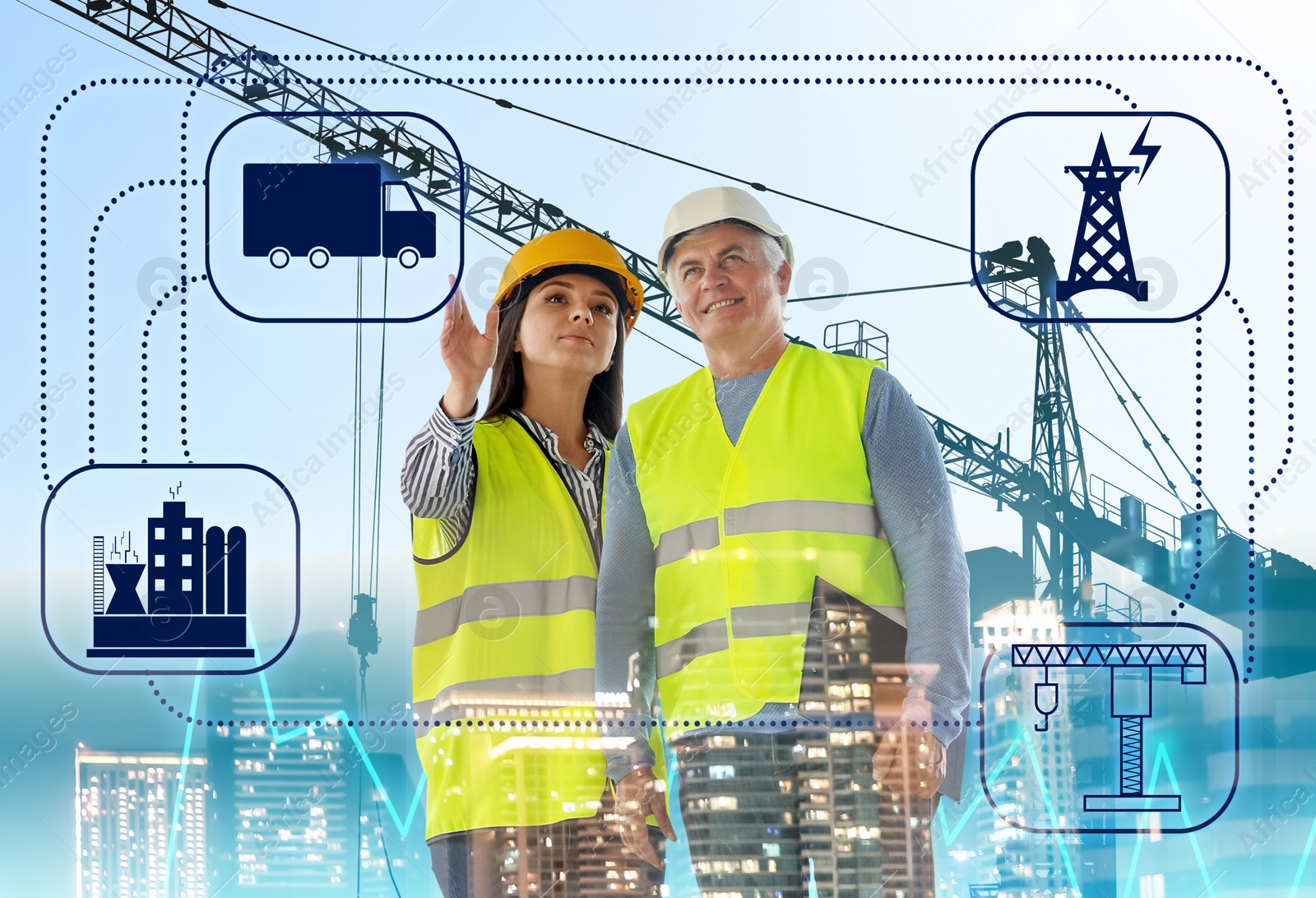Image of Multiple exposure of engineers, scheme, construction crane and cityscape
