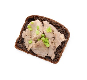 Photo of Tasty sandwich with cod liver and green onion isolated on white, top view