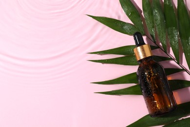 Bottle of cosmetic oil and tropical leaf in water on pink background, flat lay. Space for text