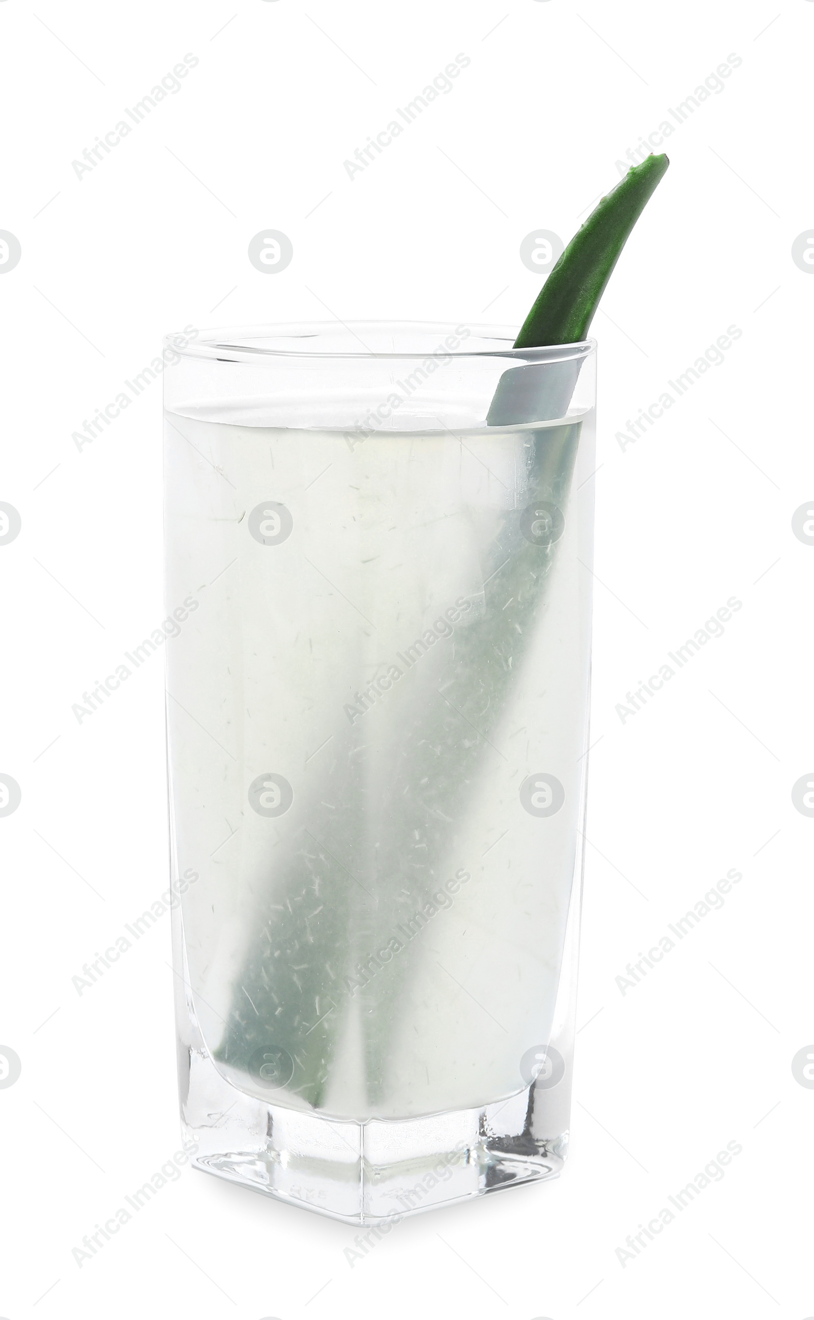 Photo of Fresh aloe juice in glass isolated on white